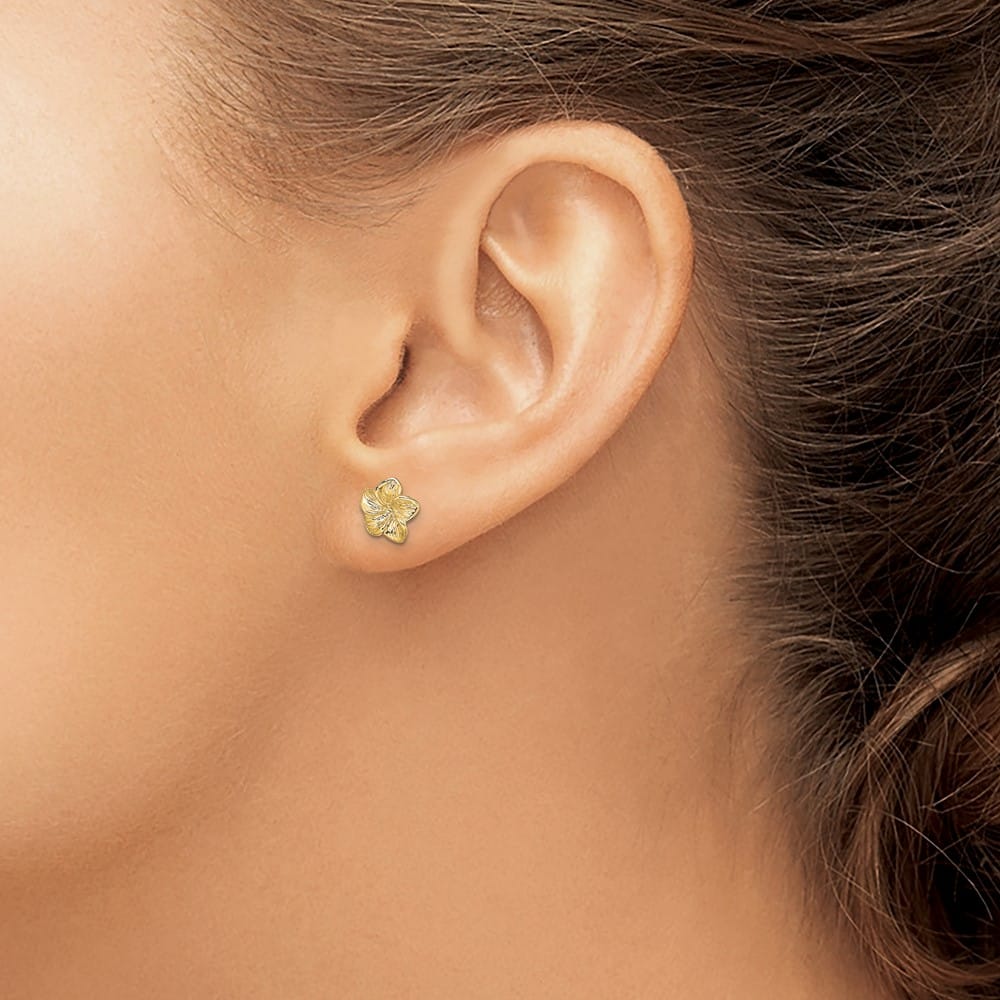 14K Yellow Gold Textured Plumeria Flower Post Earrings, view 3 of 4