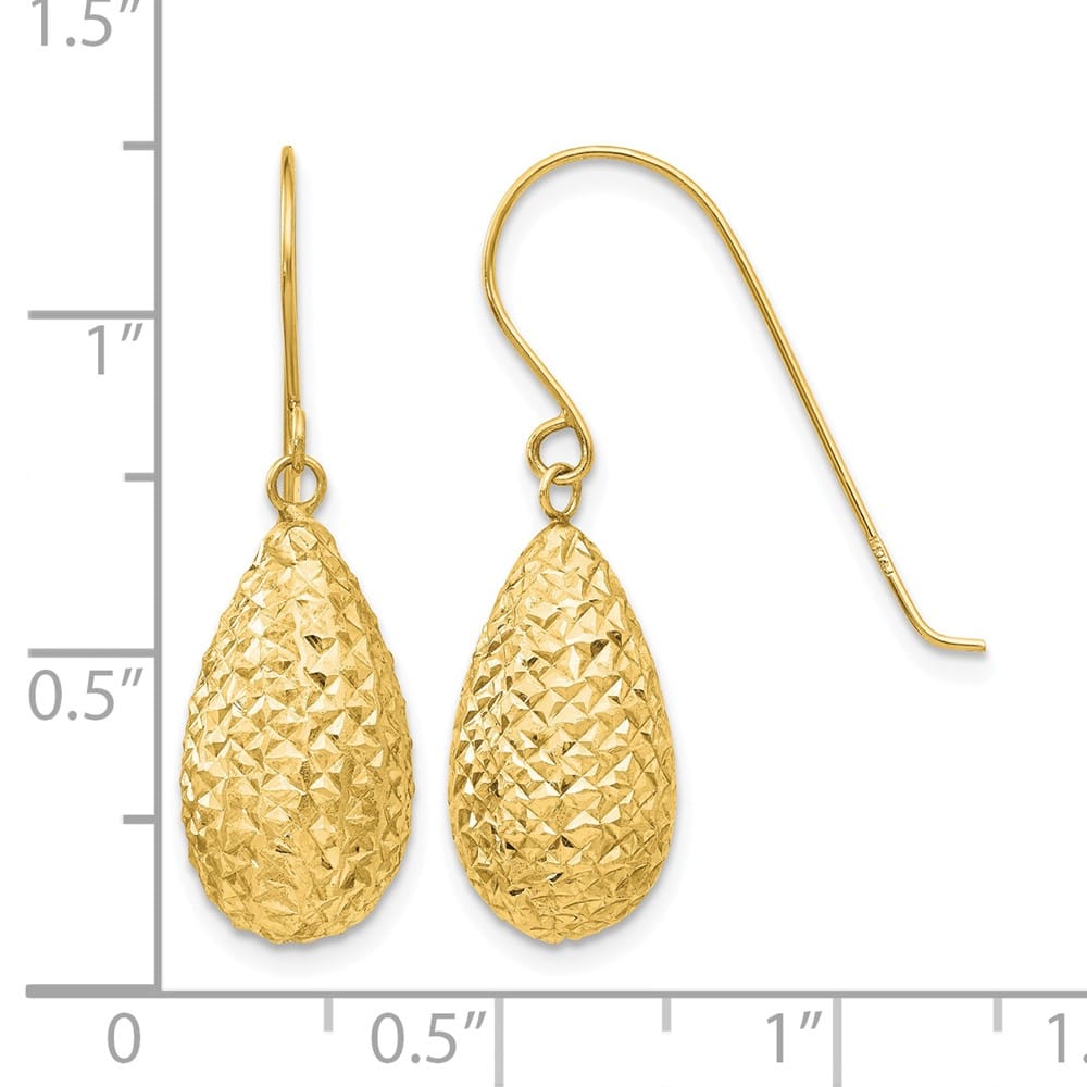 14K Yellow Gold Textured Puffed Teardrop Dangle French Hook Earrings, view 4 of 4