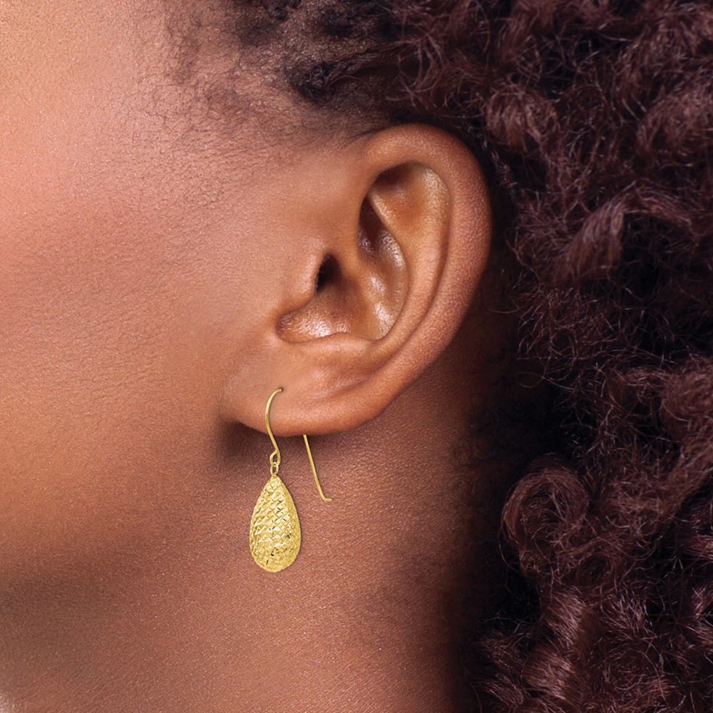 14K Yellow Gold Textured Puffed Teardrop Dangle French Hook Earrings, view 3 of 4