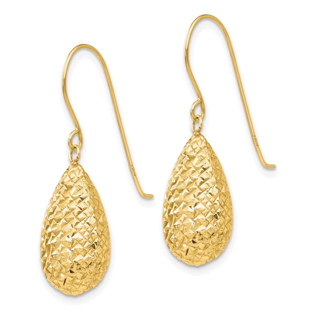 14K Yellow Gold Textured Puffed Teardrop Dangle French Hook Earrings, view 2 of 4