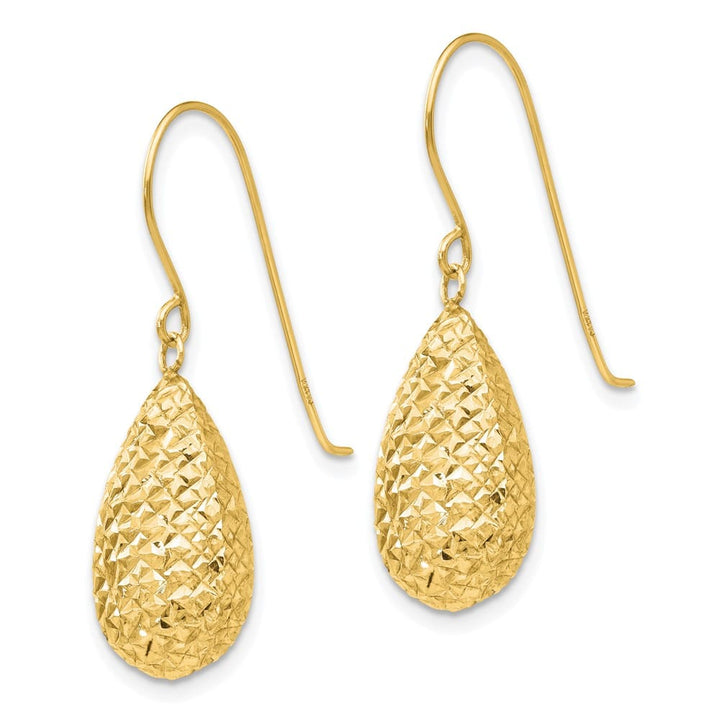 14K Yellow Gold Textured Puffed Teardrop Dangle French Hook Earrings, view 2 of 4