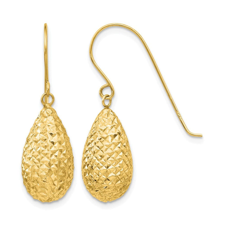 14K Yellow Gold Textured Puffed Teardrop Dangle French Hook Earrings, view 1 of 4