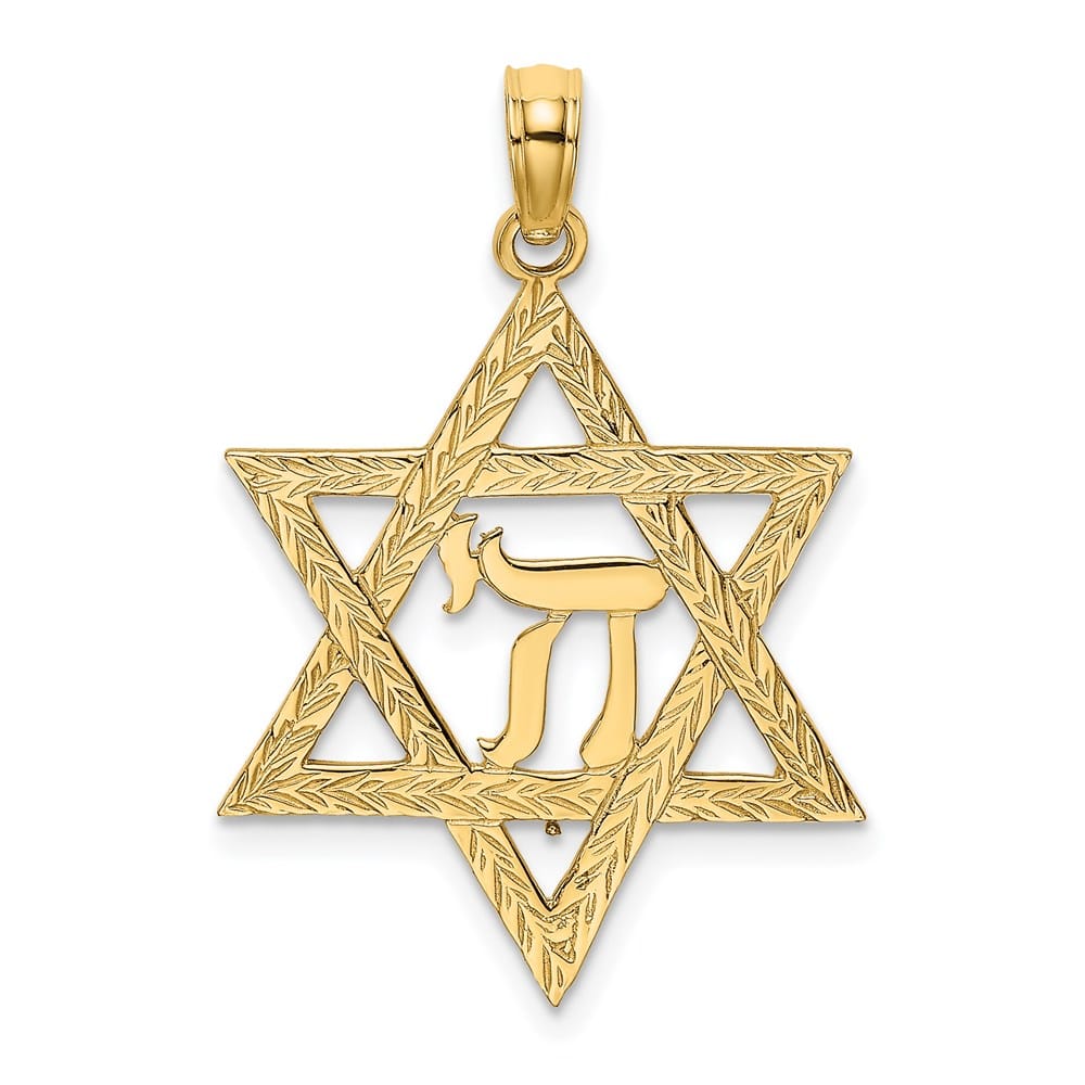 14K Yellow Gold Textured Star of David with Chai Center Charm