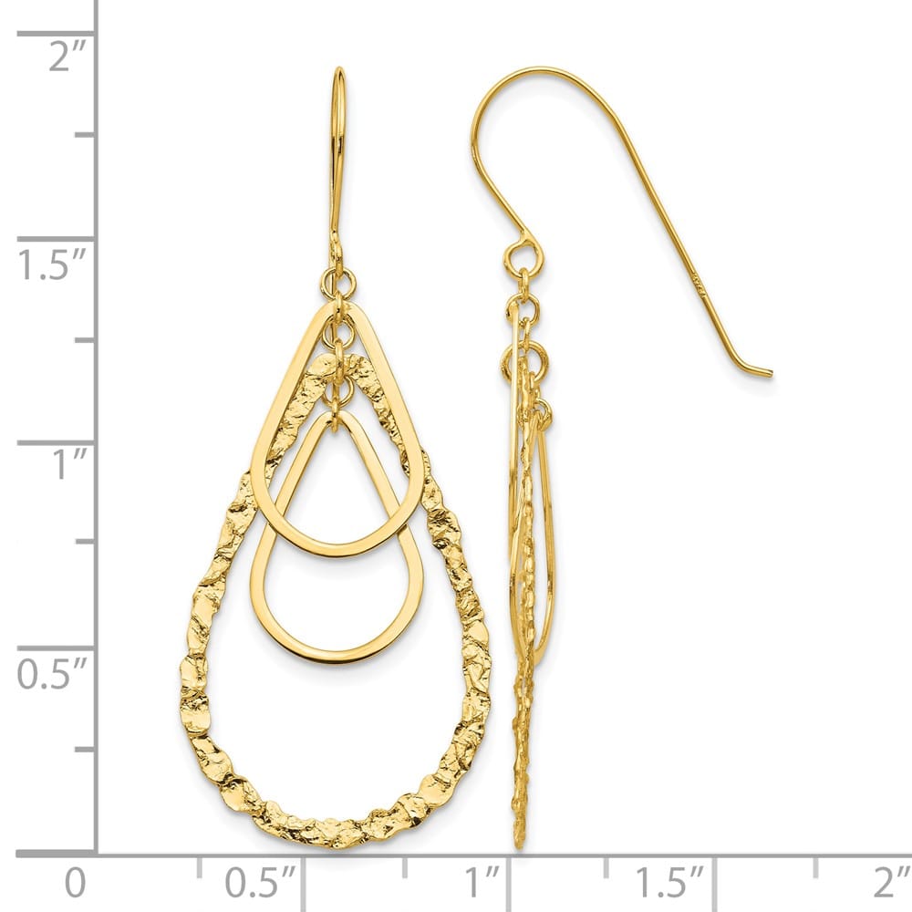 14K Yellow Gold Textured Teardrops Dangle French Hook Earrings, view 4 of 4
