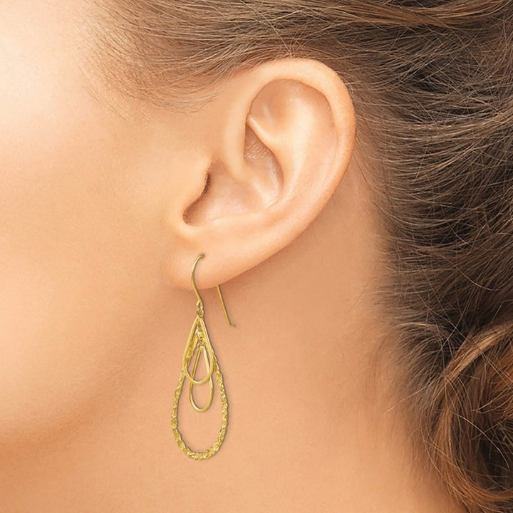 14K Yellow Gold Textured Teardrops Dangle French Hook Earrings, view 3 of 4