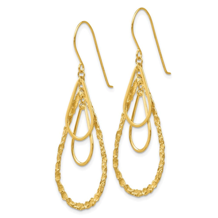 14K Yellow Gold Textured Teardrops Dangle French Hook Earrings, view 2 of 4