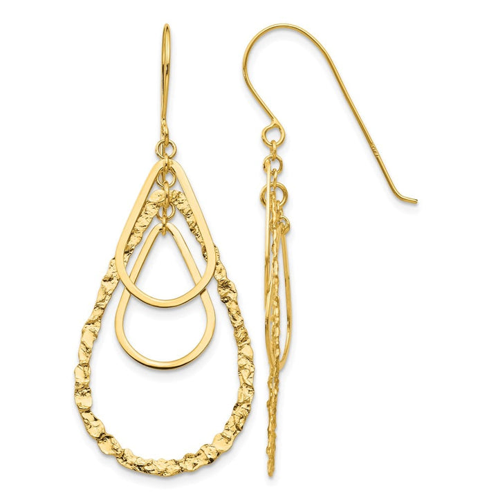 14K Yellow Gold Textured Teardrops Dangle French Hook Earrings, view 1 of 4
