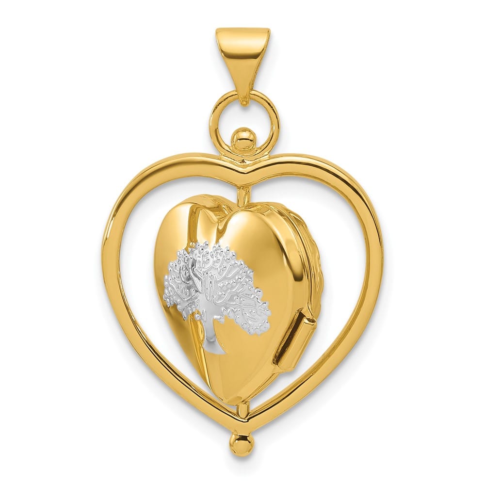 14K Yellow Gold Tree of Life and Flowers 15mm Heart Locket