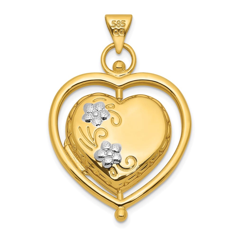 14K Yellow Gold Tree of Life and Flowers 15mm Heart Locket