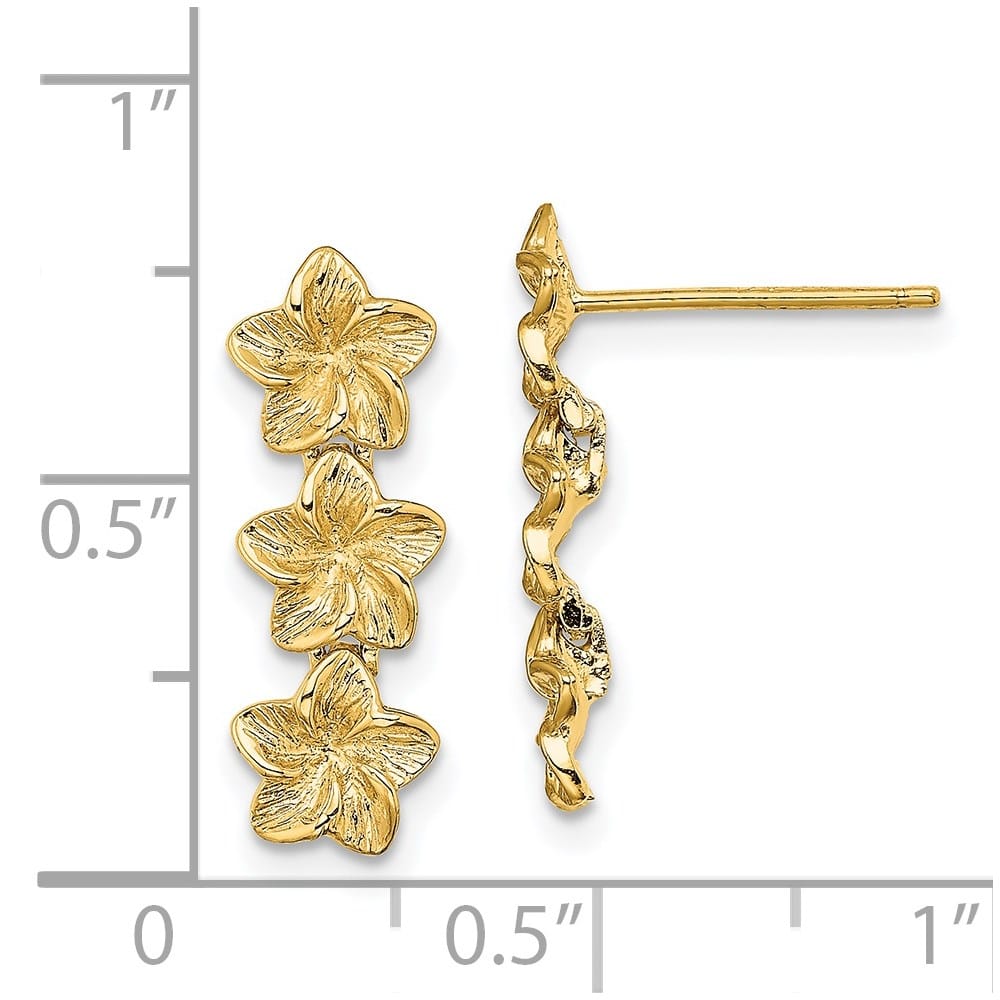 14K Yellow Gold Triple Plumeria Flower Post Dangle Earrings, view 4 of 4