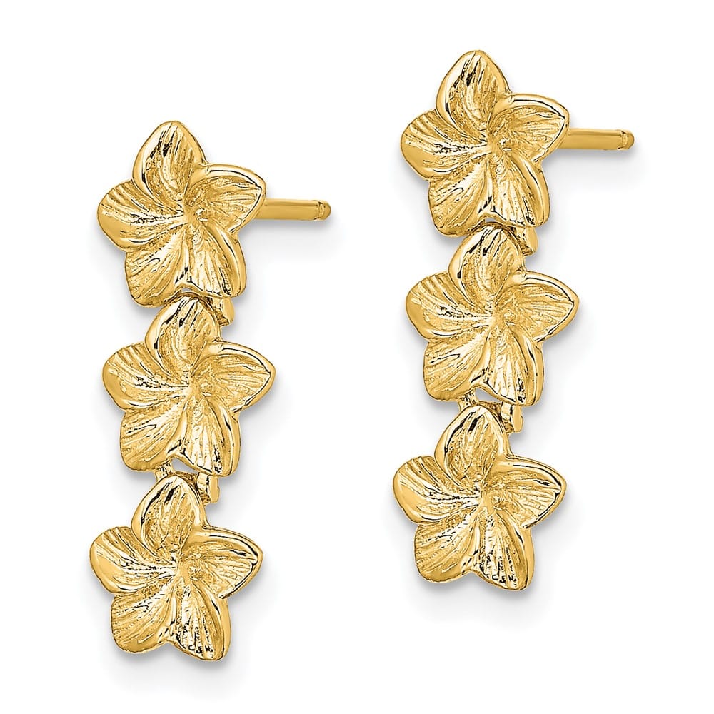 14K Yellow Gold Triple Plumeria Flower Post Dangle Earrings, view 2 of 4