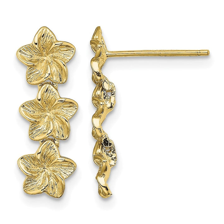 14K Yellow Gold Triple Plumeria Flower Post Dangle Earrings, view 1 of 4