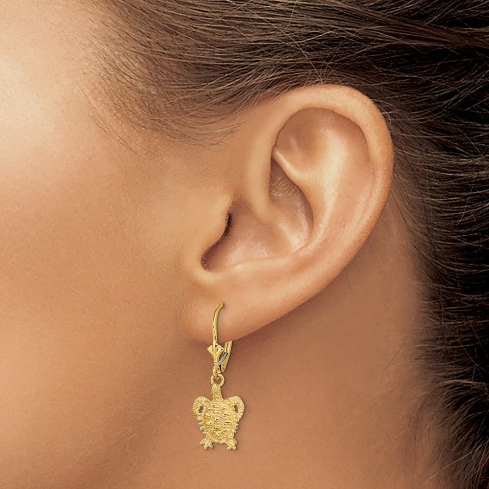 14K Yellow Gold Turtle Dangle Leverback Earrings, view 3 of 4