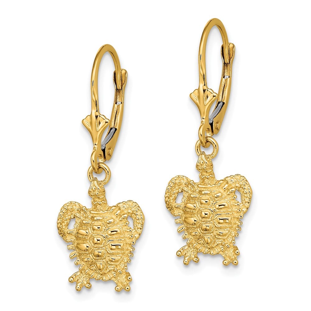 14K Yellow Gold Turtle Dangle Leverback Earrings, view 2 of 4