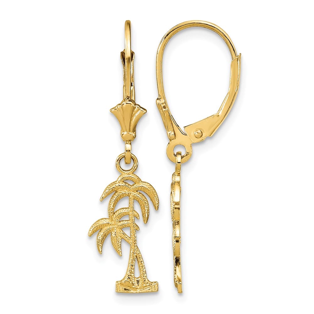 14K Yellow Gold Two Palm Trees Dangle Leverback Earrings, view 1 of 4