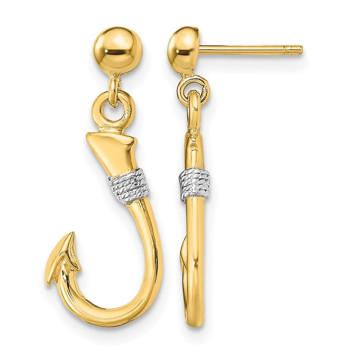 14K Yellow Gold White 3-D Fish Hook with Rope Dangle Post Earrings, view 1 of 4