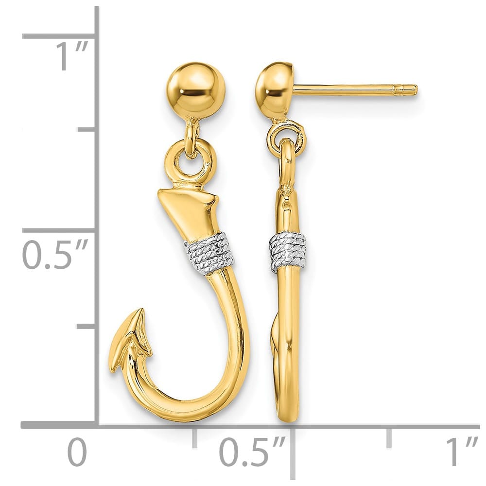 14K Yellow Gold White 3-D Fish Hook with Rope Dangle Post Earrings, view 4 of 4