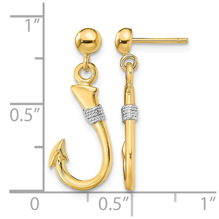 14K Yellow Gold White 3-D Fish Hook with Rope Dangle Post Earrings, view 4 of 4
