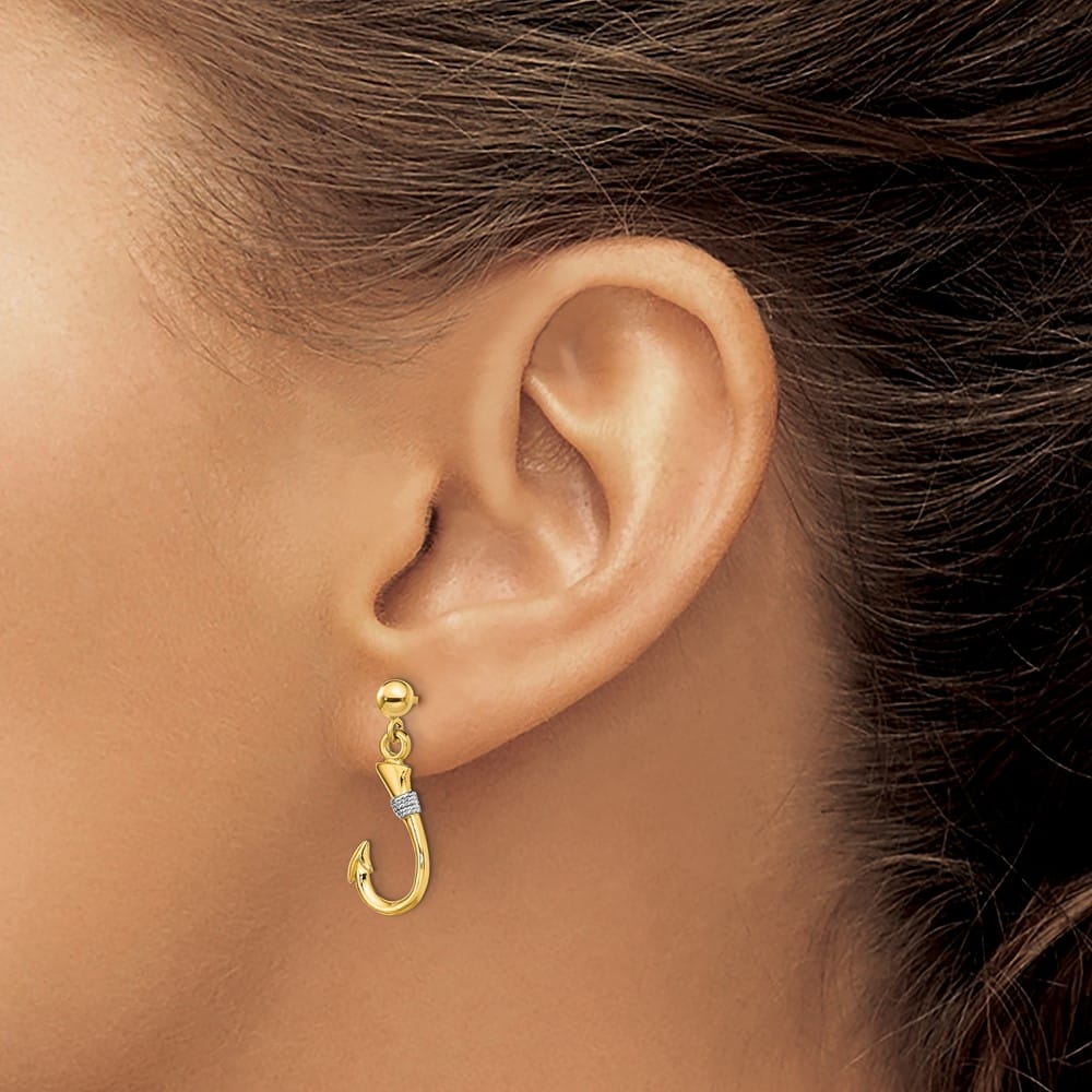 14K Yellow Gold White 3-D Fish Hook with Rope Dangle Post Earrings, view 3 of 4