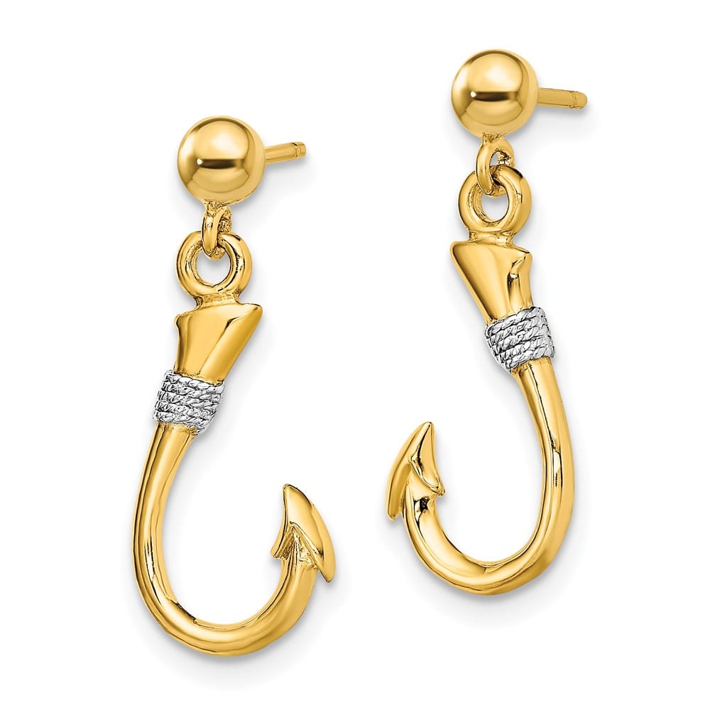 14K Yellow Gold White 3-D Fish Hook with Rope Dangle Post Earrings, view 2 of 4