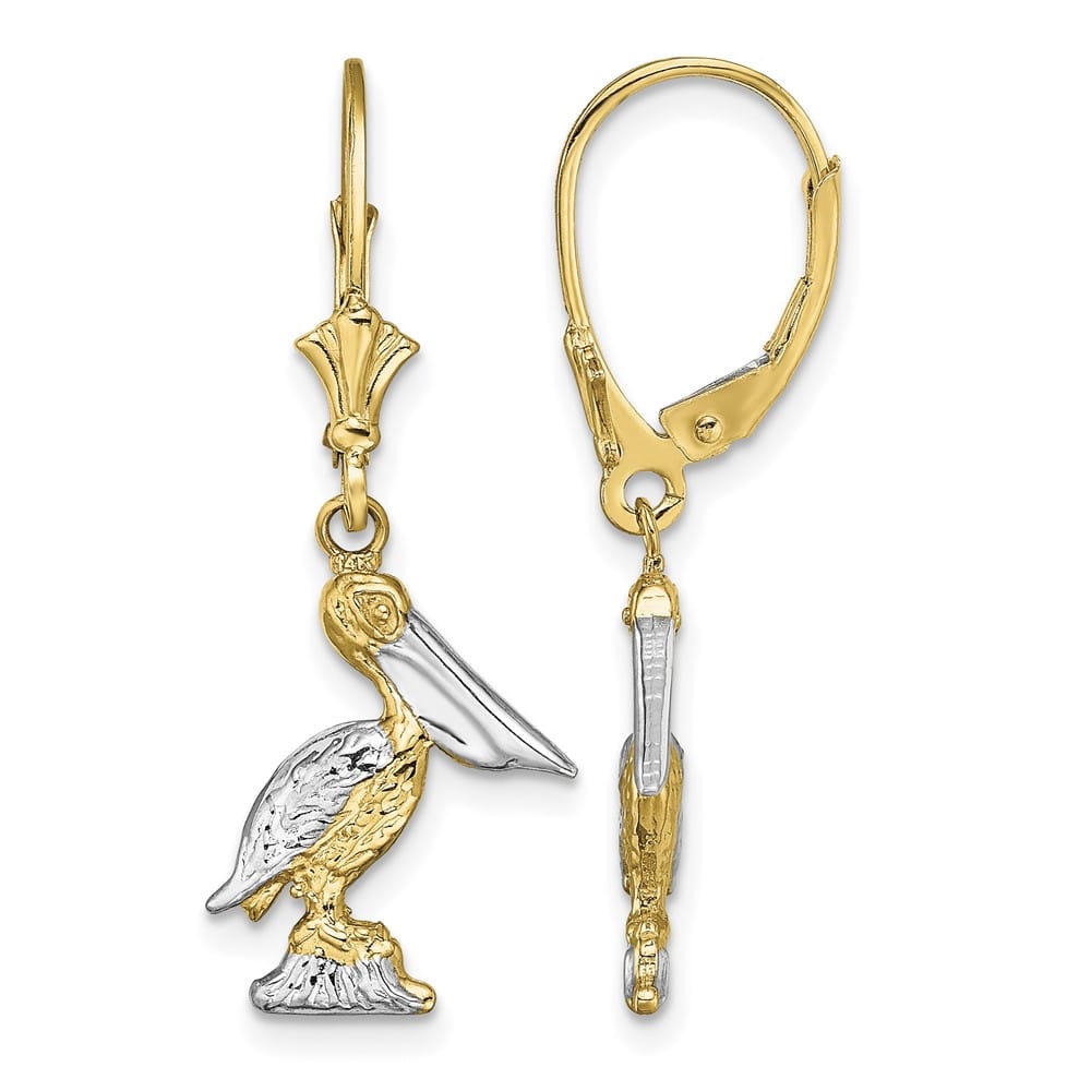 14K Yellow Gold White 3-D Standing Pelican Dangle Leverback Earrings, view 1 of 4