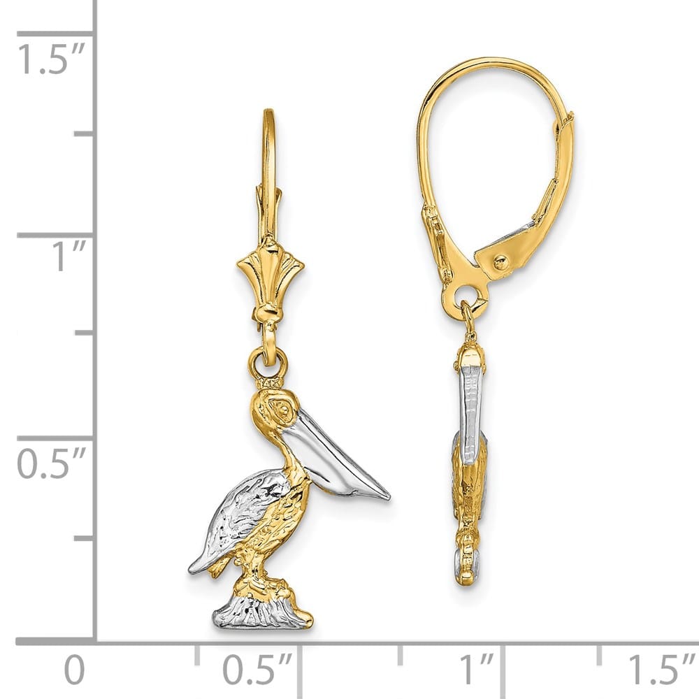 14K Yellow Gold White 3-D Standing Pelican Dangle Leverback Earrings, view 4 of 4