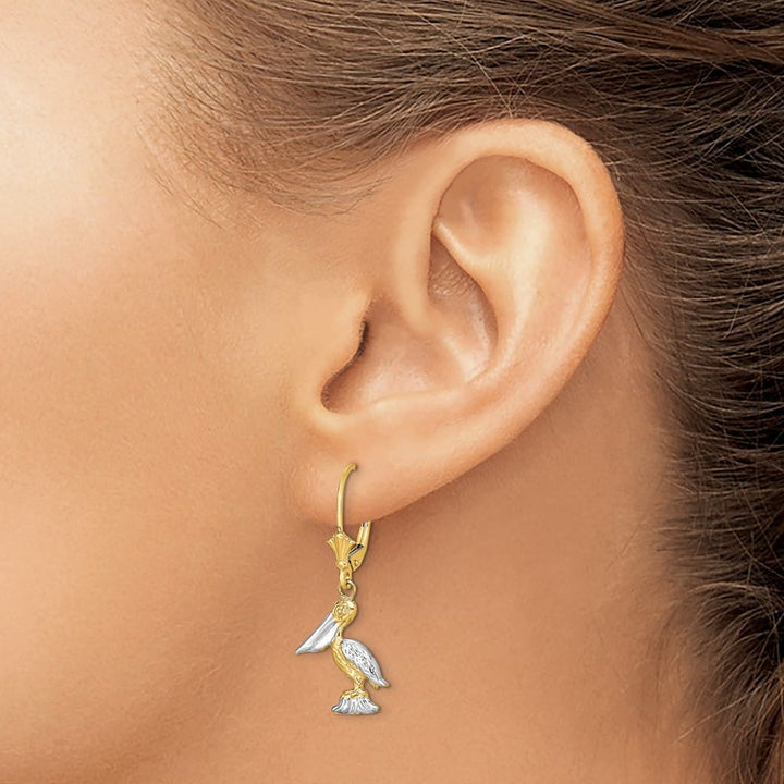14K Yellow Gold White 3-D Standing Pelican Dangle Leverback Earrings, view 3 of 4