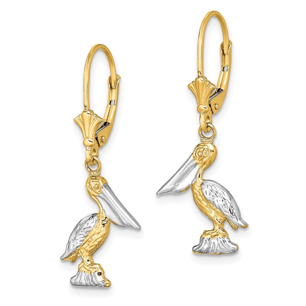 14K Yellow Gold White 3-D Standing Pelican Dangle Leverback Earrings, view 2 of 4