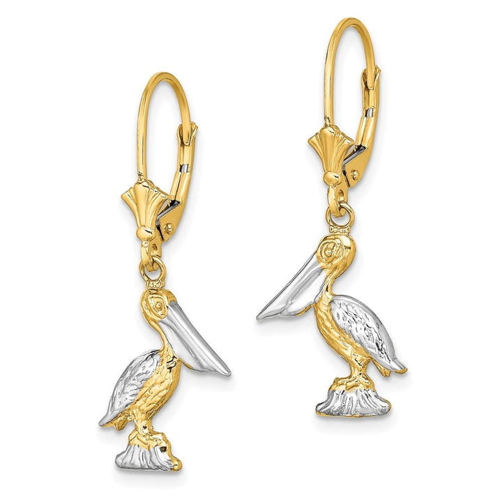 14K Yellow Gold White 3-D Standing Pelican Dangle Leverback Earrings, view 2 of 4