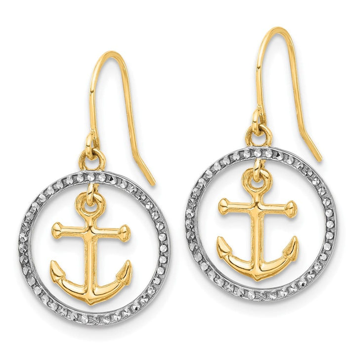 14K Yellow Gold White Anchor Dangle in Circle French Hook Earrings, view 2 of 4