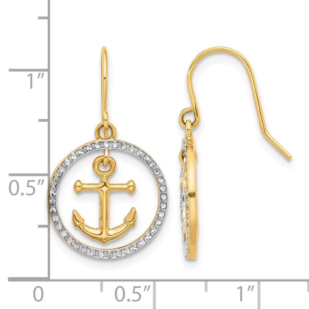14K Yellow Gold White Anchor Dangle in Circle French Hook Earrings, view 4 of 4