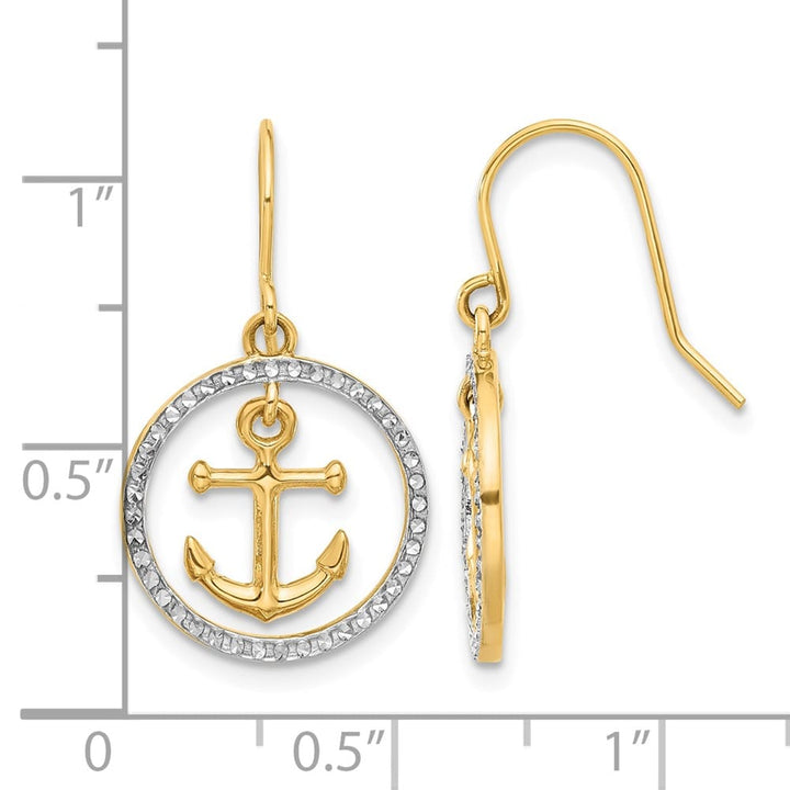 14K Yellow Gold White Anchor Dangle in Circle French Hook Earrings, view 4 of 4
