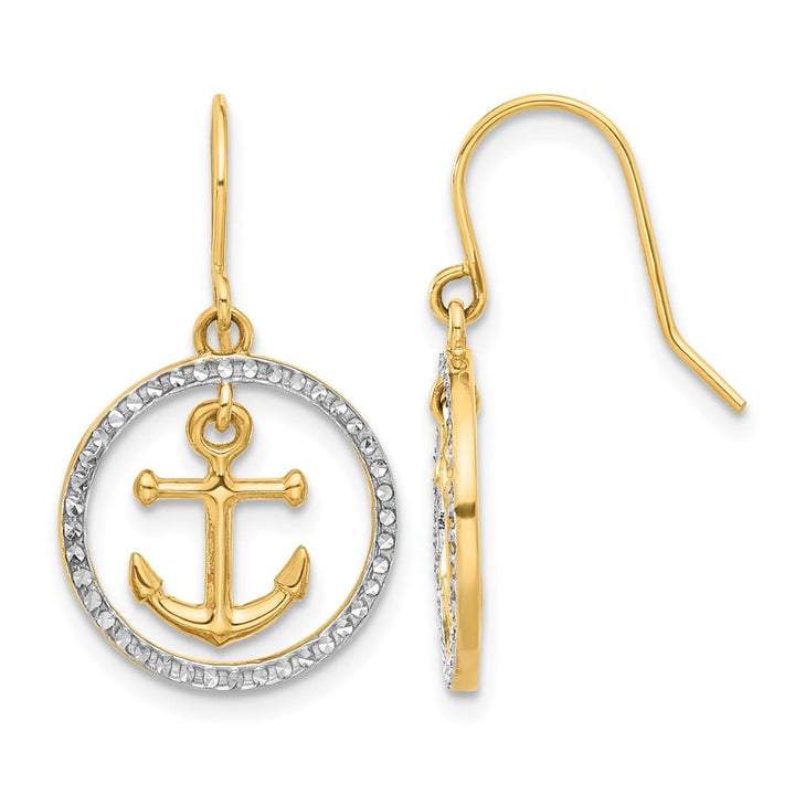14K Yellow Gold White Anchor Dangle in Circle French Hook Earrings, view 1 of 4