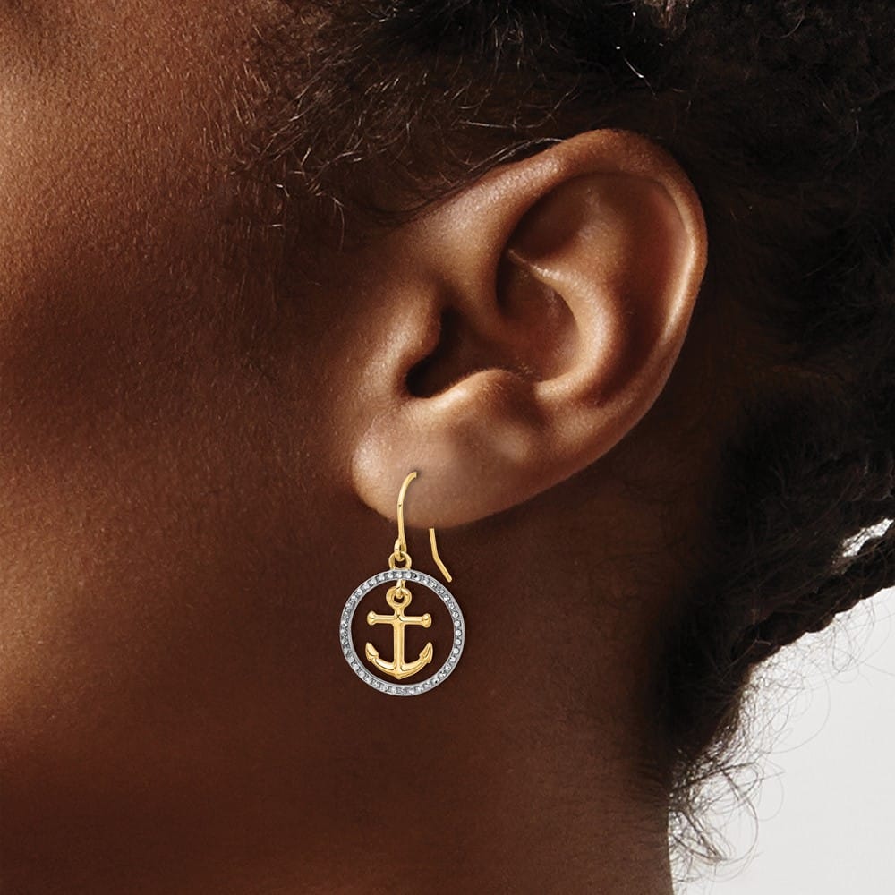 14K Yellow Gold White Anchor Dangle in Circle French Hook Earrings, view 3 of 4