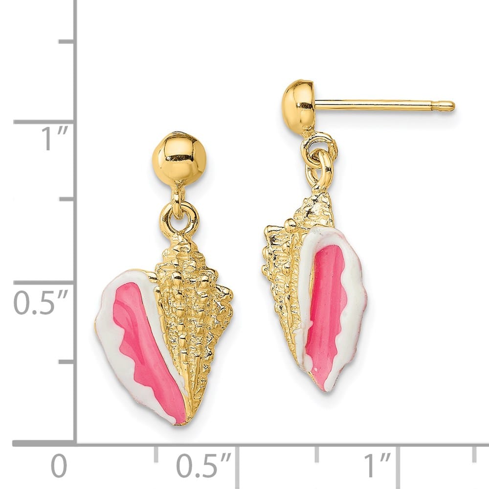 14K Yellow Gold White and Pink Enamel Conch Shell Dangle Earrings, view 4 of 4