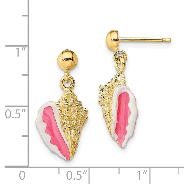 14K Yellow Gold White and Pink Enamel Conch Shell Dangle Earrings, view 4 of 4