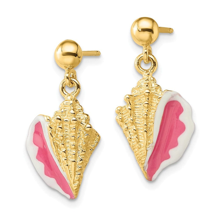 14K Yellow Gold White and Pink Enamel Conch Shell Dangle Earrings, view 2 of 4