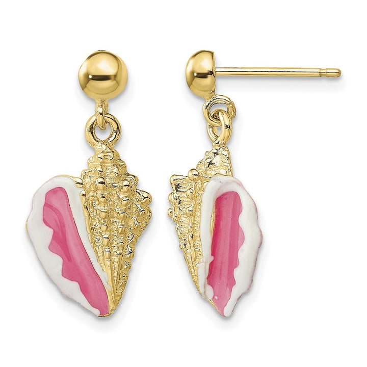 14K Yellow Gold White and Pink Enamel Conch Shell Dangle Earrings, view 1 of 4