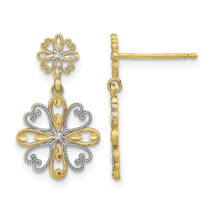 14K Yellow Gold White Beaded Heart Petal Floral Dangle Post Earrings, view 1 of 4