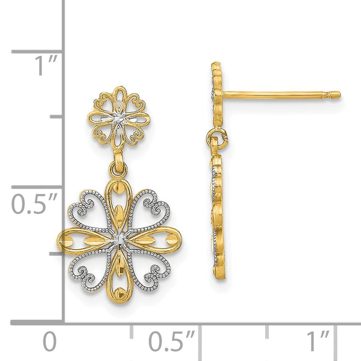 14K Yellow Gold White Beaded Heart Petal Floral Dangle Post Earrings, view 4 of 4