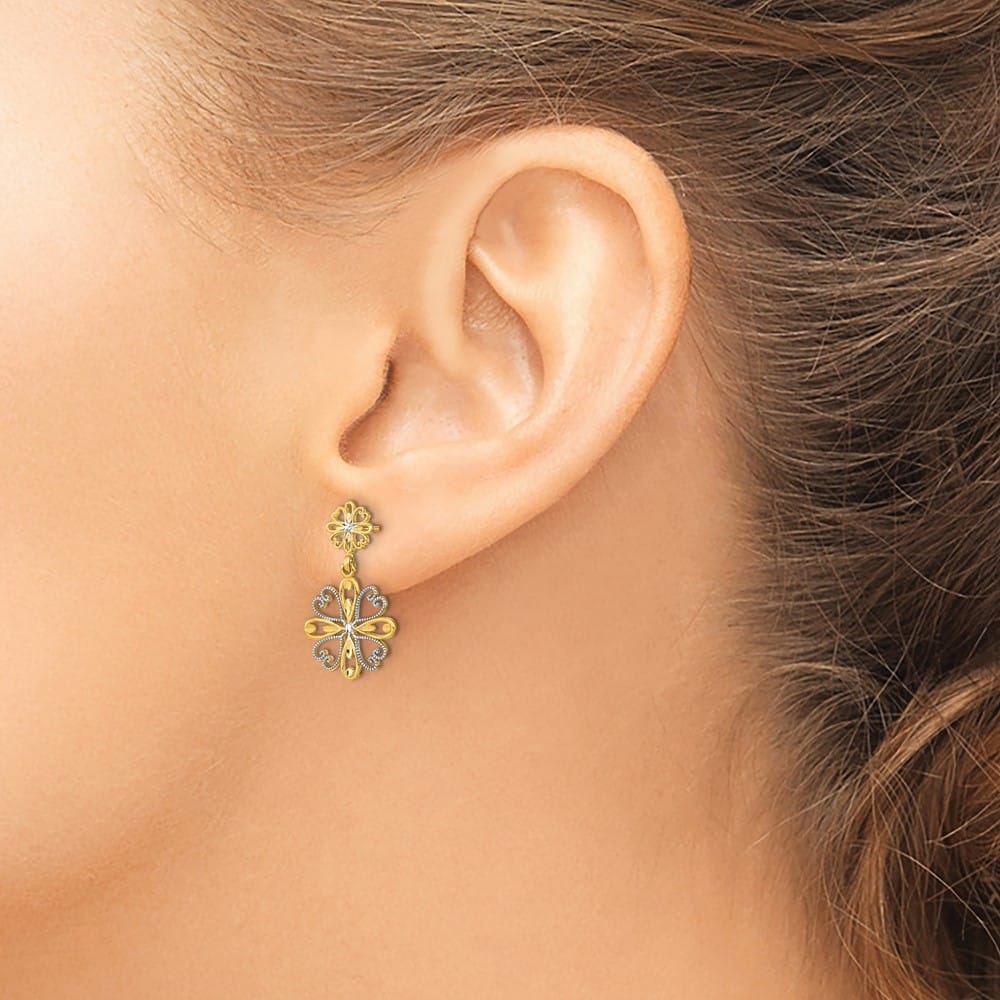 14K Yellow Gold White Beaded Heart Petal Floral Dangle Post Earrings, view 3 of 4