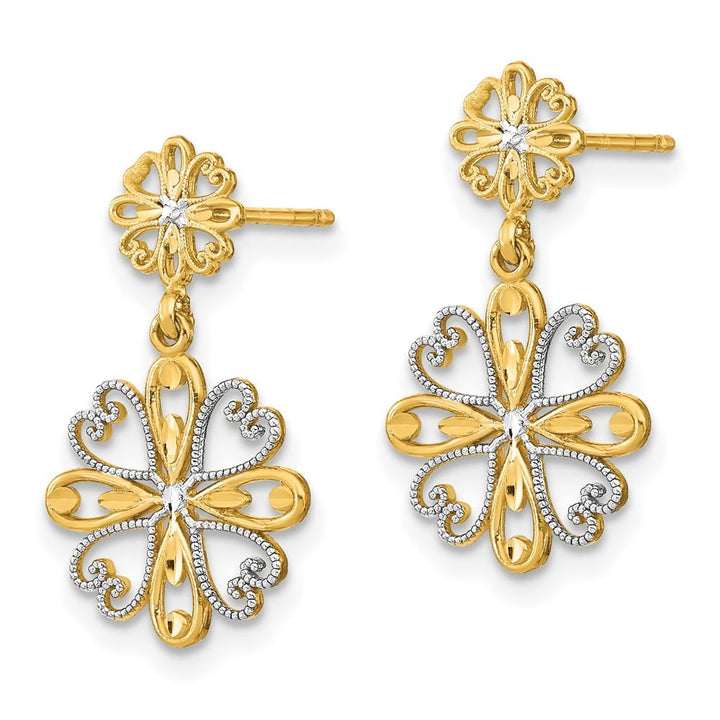 14K Yellow Gold White Beaded Heart Petal Floral Dangle Post Earrings, view 2 of 4