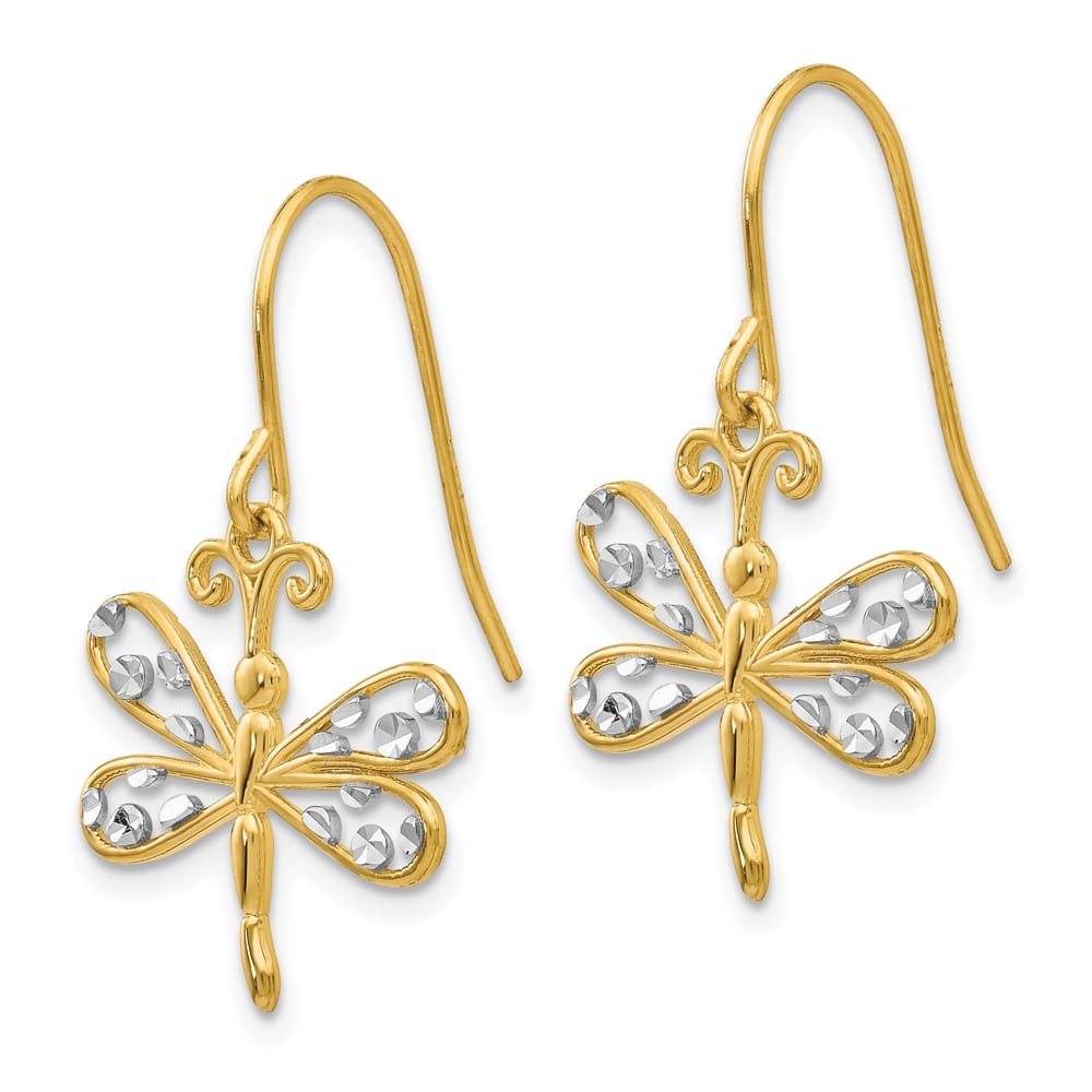 14K Yellow Gold White D.C. Dragonfly Dangle French Hook Earrings, view 2 of 4