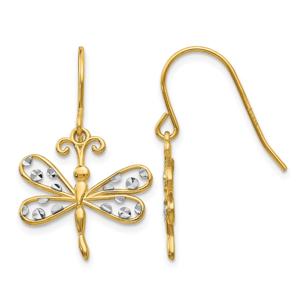 14K Yellow Gold White D.C. Dragonfly Dangle French Hook Earrings, view 1 of 4