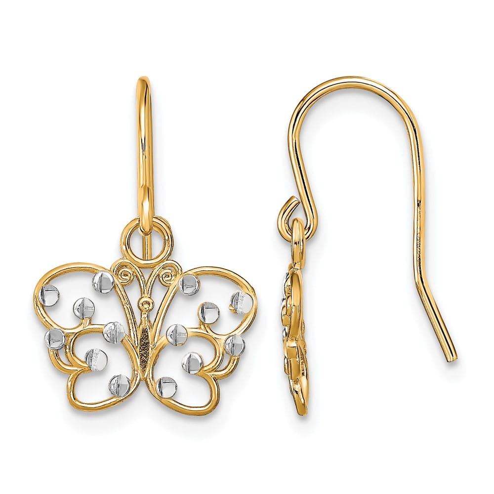 14K Yellow Gold White D.C. Filigree Butterfly French Hook Earrings, view 1 of 4