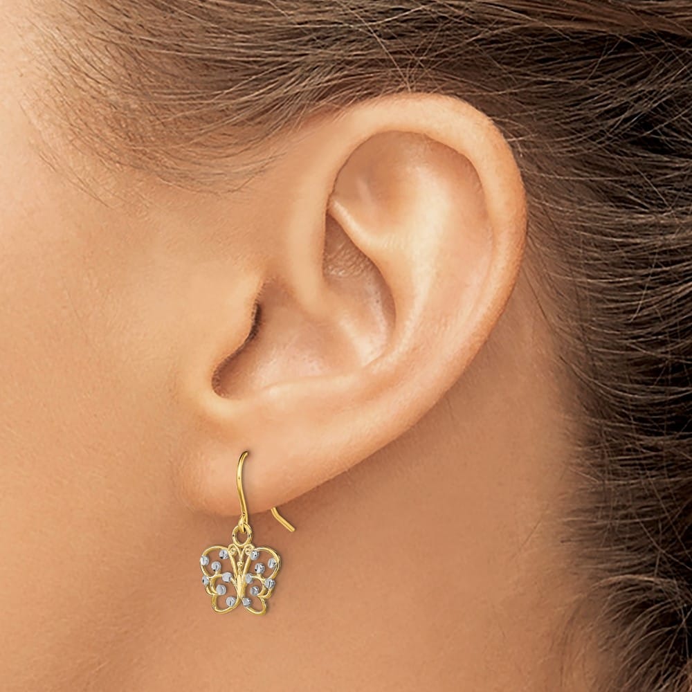 14K Yellow Gold White D.C. Filigree Butterfly French Hook Earrings, view 3 of 4