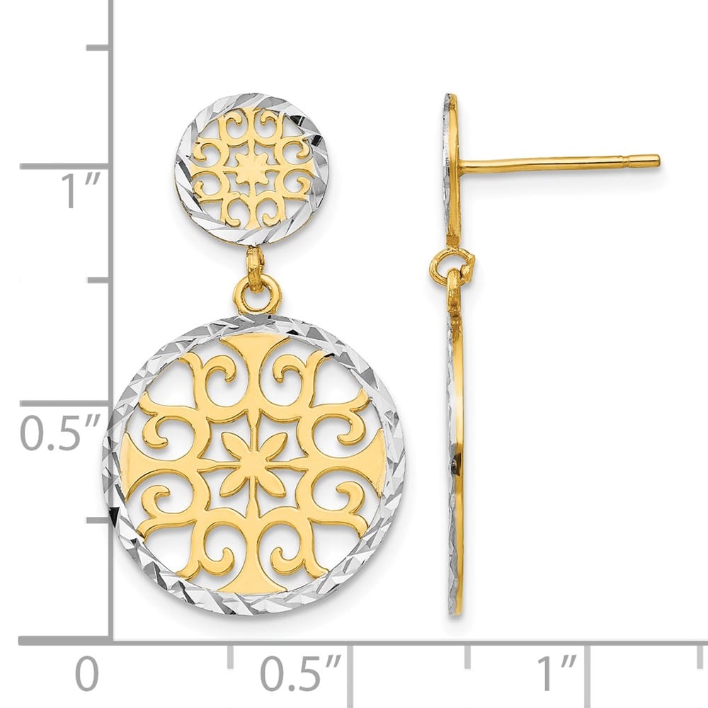 14K Yellow Gold White D.C. Filigree Circles Dangle Post Earrings, view 4 of 4