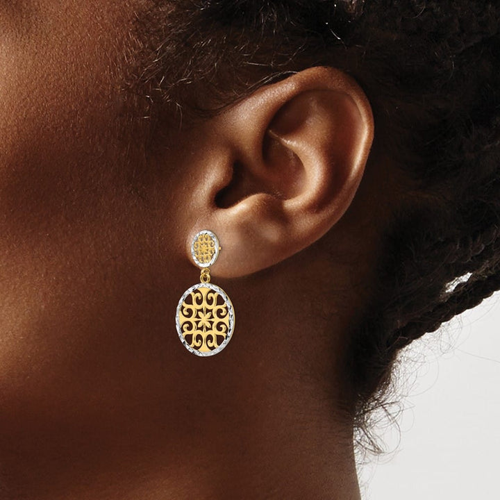 14K Yellow Gold White D.C. Filigree Circles Dangle Post Earrings, view 3 of 4