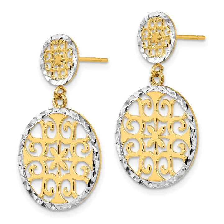 14K Yellow Gold White D.C. Filigree Circles Dangle Post Earrings, view 2 of 4