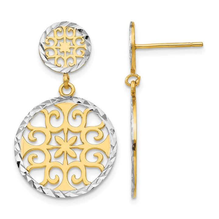 14K Yellow Gold White D.C. Filigree Circles Dangle Post Earrings, view 1 of 4